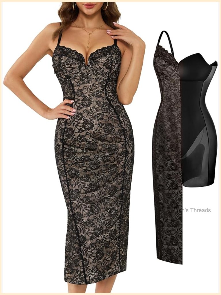 Built In Shapewear Lace Midi Dress Deep V Neck Sleeveless Formal Wedding Guest